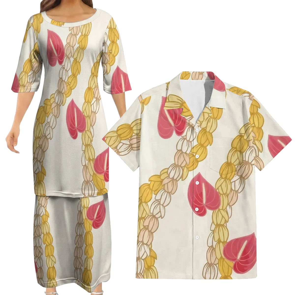 Puakenikeni Pikake Lei Curve Lei Flower Matching Outfit For Couple Island White Puletasi Dress And Shirt