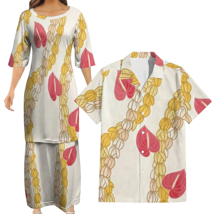 Puakenikeni Pikake Lei Curve Lei Flower Matching Outfit For Couple Island White Puletasi Dress And Shirt