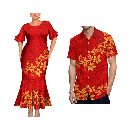 Polynesian Tropical Flowers Red Couple Matching Outfit Women Crew Neck Mermaid Dress and Shirt