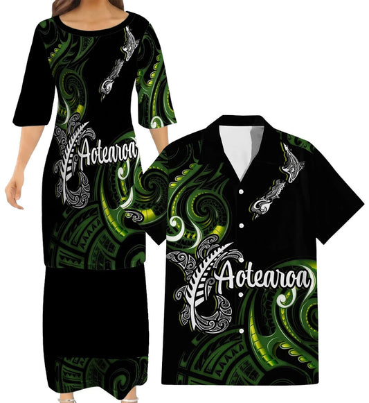 New Zealand Matching Outfit For Couple Aotearoa Silver Fern Puletasi Dress And Hawaiian Shirt For Her Him