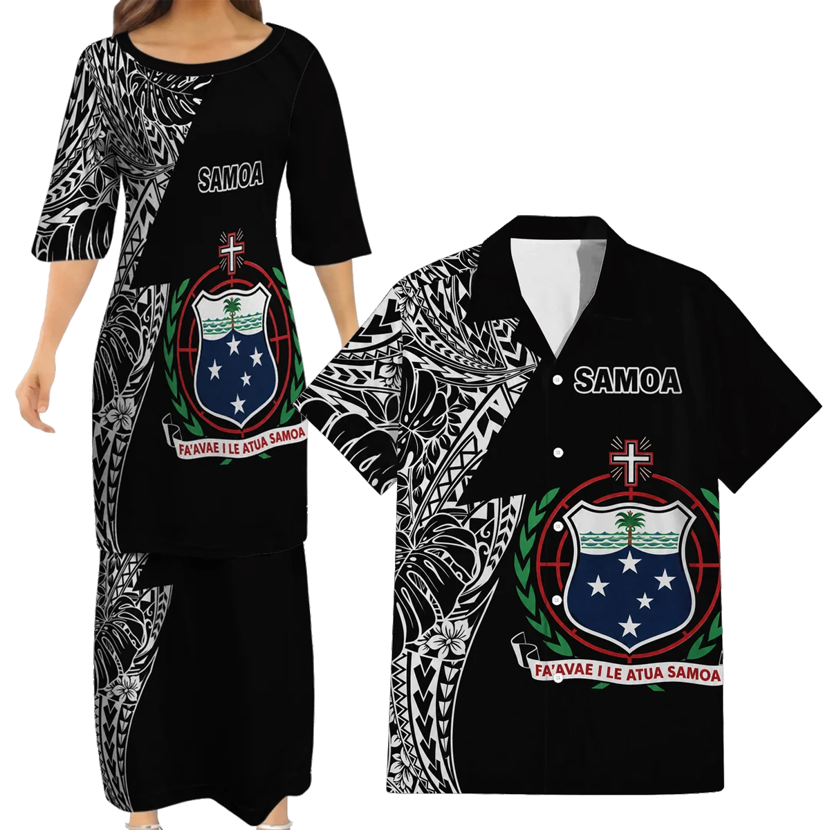 Samoa Coat Of Arms Couple Outfit Matching Polynesian Tribal Leaf Pattern Black Dress And Hawaiian Shirt