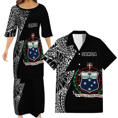 Samoa Coat Of Arms Couple Outfit Matching Polynesian Tribal Leaf Pattern Black Dress And Hawaiian Shirt