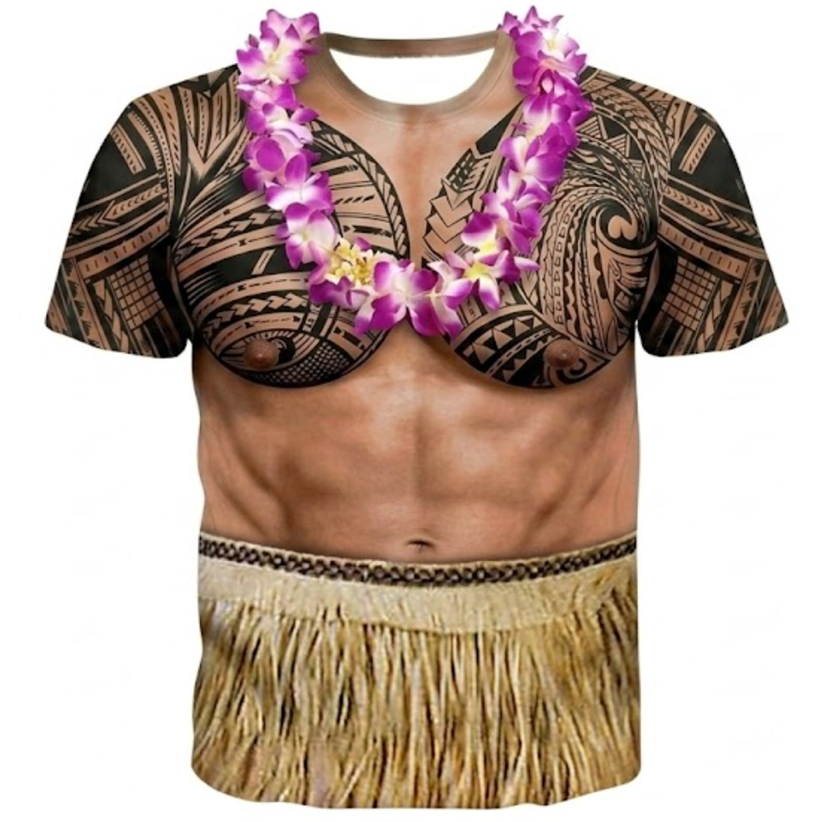 Polynesian Tattoo Shirt Flowers Necklace Funny Abs Grass Skirt Style T Shirt
