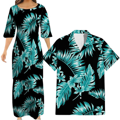 Polynesian Tropical Tree Black Matching Outfit For Couple Island Puletasi Dress And Hawaiian Shirt For Her Him