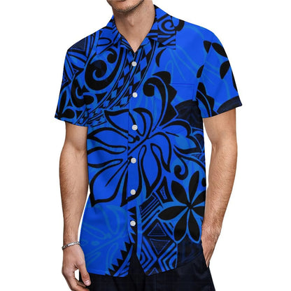 Blue Flowers Tropical Pattern Party Matching Outfit For Couple Clothing Tropical Fishtail Dress And Hawaiian Shirt