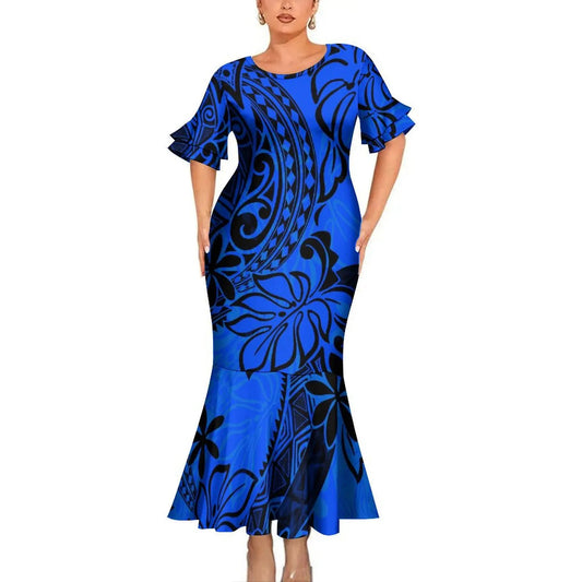 Blue Flowers Tropical Pattern Party Matching Outfit For Couple Clothing Tropical Fishtail Dress And Hawaiian Shirt