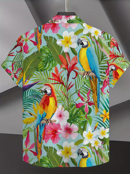Men's Vibrant Parrot & Tropical Floral Print Hawaiian Shirt Tropical Beach Short Sleeve Button Printed Shirt For Him