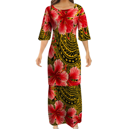 Polynesian Tribal Flowers Pattern Yellow Matching Outfit For Couple Island Puletasi Dress And Hawaiian Shirt