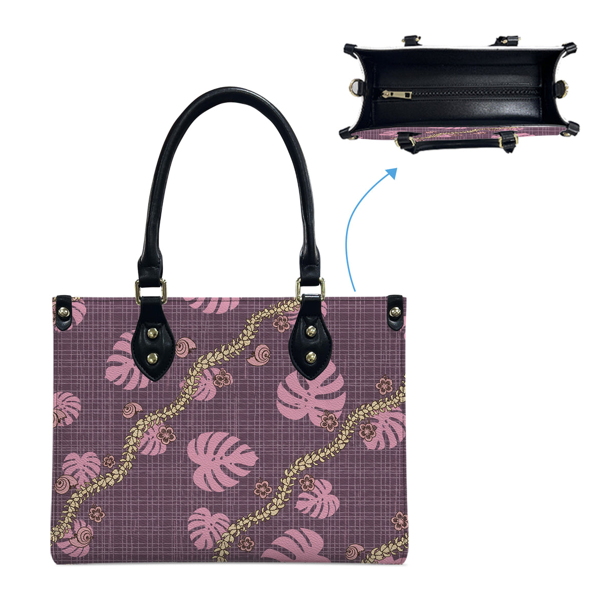 Tropical Leaf Purple Puakenikeni Hawaiian Flower Lei Leather Handbag Gift For Her