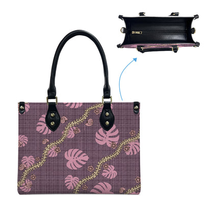 Tropical Leaf Purple Puakenikeni Hawaiian Flower Lei Leather Handbag Gift For Her