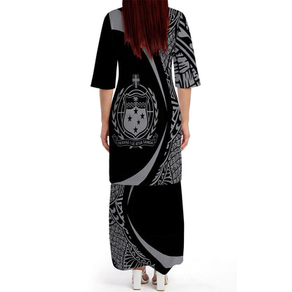 Samoa Black Outfit Matching Polynesian Tribal Leaf Pattern Black Dress And Hawaiian Shirt Curve Style