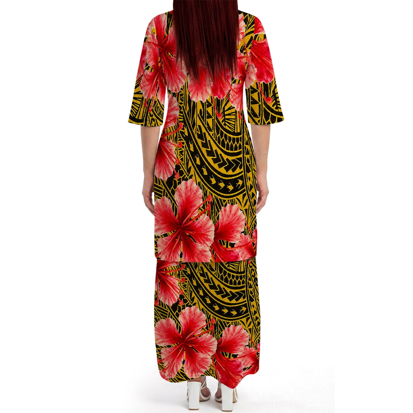 Polynesian Tribal Flowers Pattern Yellow Matching Outfit For Couple Island Puletasi Dress And Hawaiian Shirt