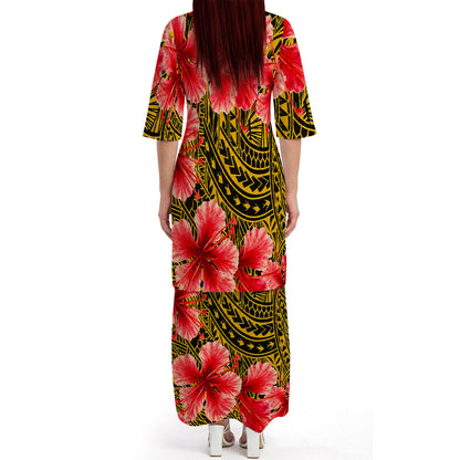 Polynesian Tribal Flowers Pattern Yellow Matching Outfit For Couple Island Puletasi Dress And Hawaiian Shirt