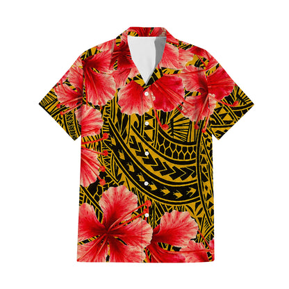 Polynesian Tribal Flowers Pattern Yellow Matching Outfit For Couple Island Puletasi Dress And Hawaiian Shirt
