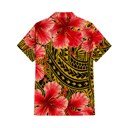 Polynesian Tribal Flowers Pattern Yellow Matching Outfit For Couple Island Puletasi Dress And Hawaiian Shirt