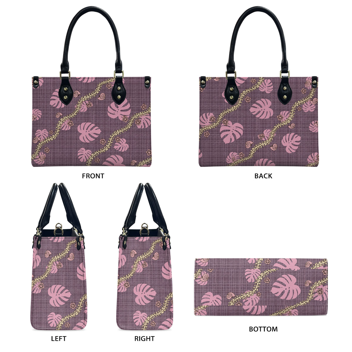 Tropical Leaf Purple Puakenikeni Hawaiian Flower Lei Leather Handbag Gift For Her
