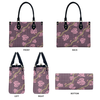 Tropical Leaf Purple Puakenikeni Hawaiian Flower Lei Leather Handbag Gift For Her