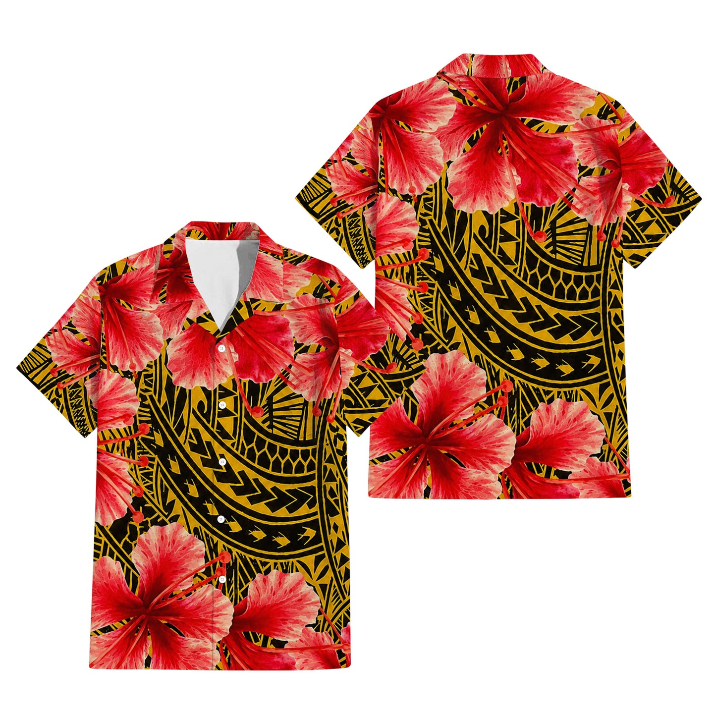 Polynesian Tribal Flowers Pattern Yellow Matching Outfit For Couple Island Puletasi Dress And Hawaiian Shirt
