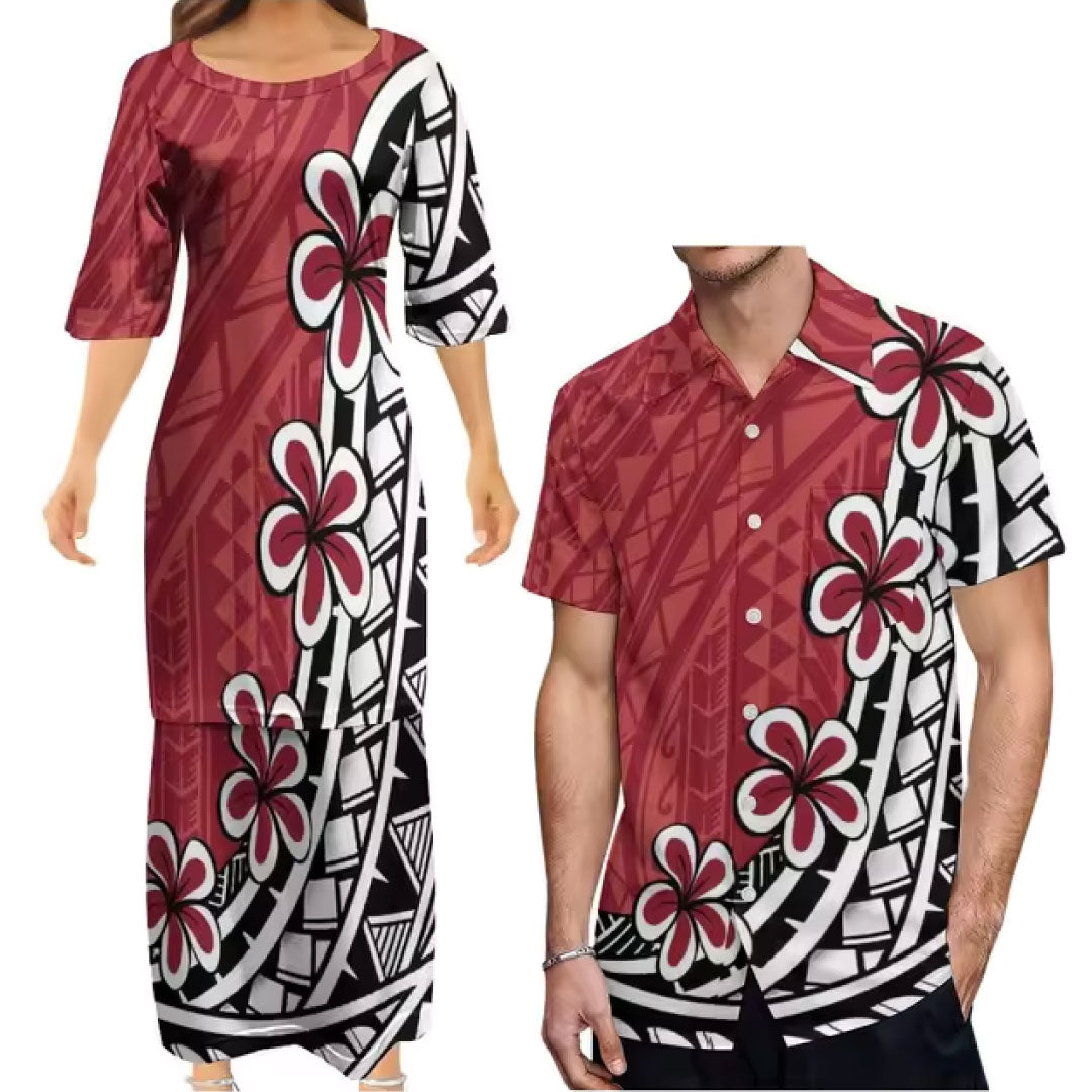 Flowers Polynesian Traditional Tribal Couple Set Red Puletasi Dress Two-Piece Suit With Men's Shirt Blue Matching Outfit For Couple