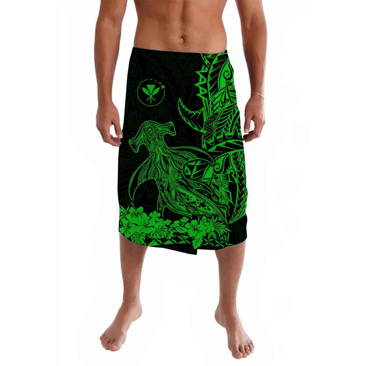 Hawaii Polynesian Lavalava Wild Hammerhead Sharks Green
