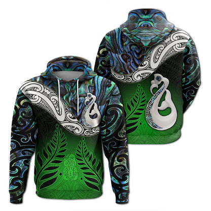 New Zealand Maori Hoodie Manaia Paua Shell Glitter Green