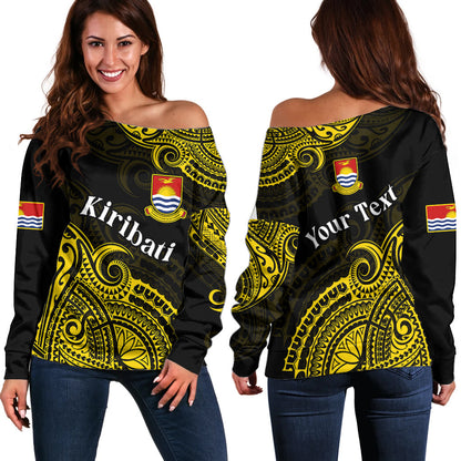 (Custom Personalised) Ribaberiki Kiribati Coat Of Arms Mix Yellow Polynesian Off Shoulder Sweater