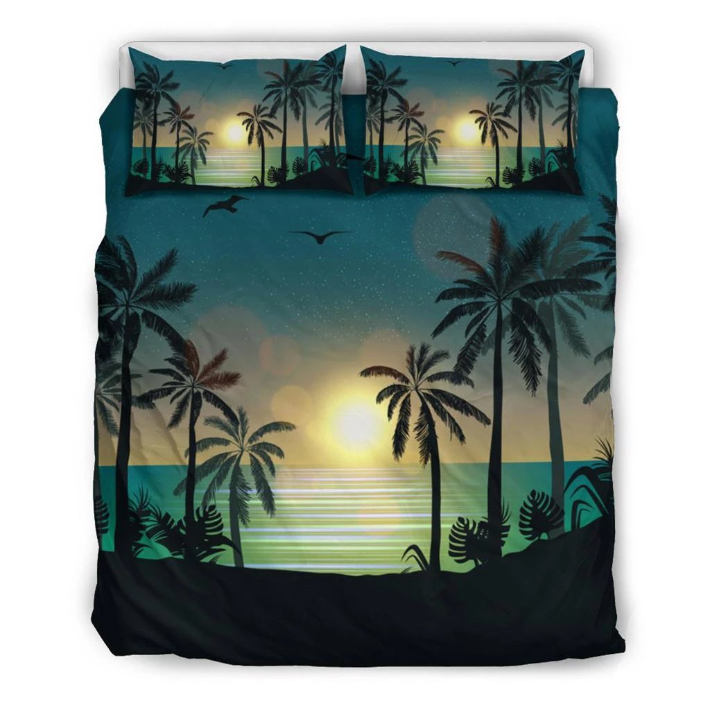 Hawaiian Palm Tree Sunset On The Beach Polynesian Bedding Set AH