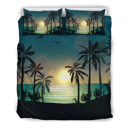 Hawaiian Palm Tree Sunset On The Beach Polynesian Bedding Set AH
