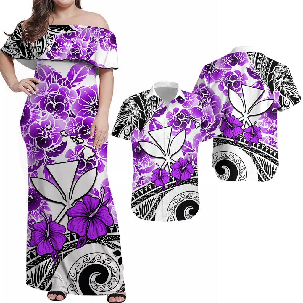 Hawaiian Matching Outfits For Couples Hawaii Combo Dress and Hawaiian Shirt Polynesian and Purple Hibiscus