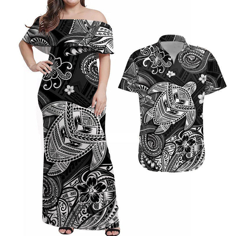 Hawaii Turtle Polynesian Combo Dress and Hawaiian Shirt Matching Couples Outfit Plumeria Flower Unique Style Black