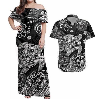 Hawaii Turtle Polynesian Combo Dress and Hawaiian Shirt Matching Couples Outfit Plumeria Flower Unique Style Black