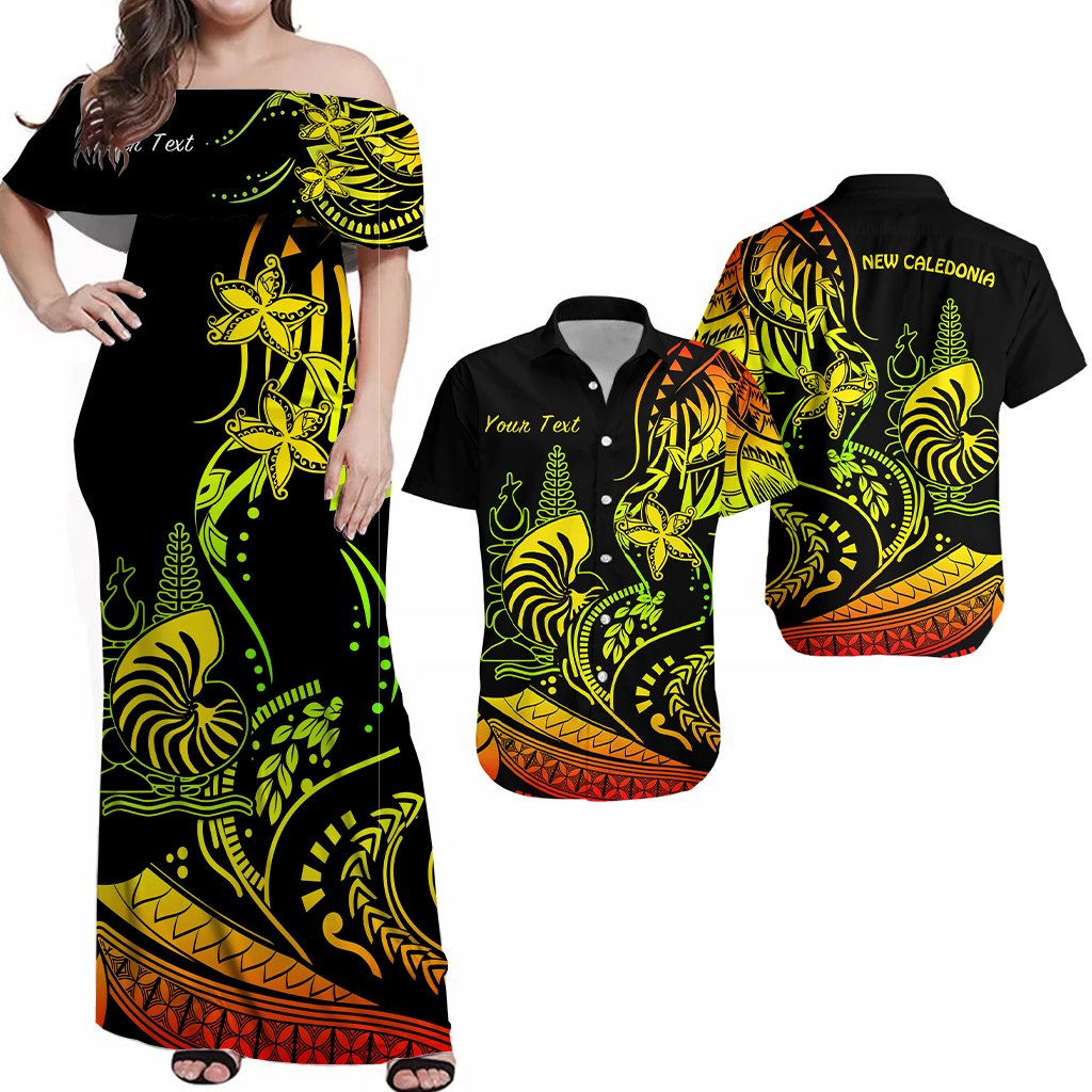 (Custom Personalised) Matching Outfits For Couples Vanuatu Combo Dress and Hawaiian Shirt New Caledonia Emblem Nautilus Shell Version Reggae