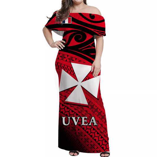 Uvea Chiefdom Wallis et Futuna Off Shoulder Long Dress Polynesian Pattern and Flag