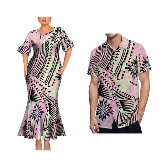 Polynesian Tribal Pattern Couple Matching Outfit Women Crew Neck Mermaid Dress and Shirt