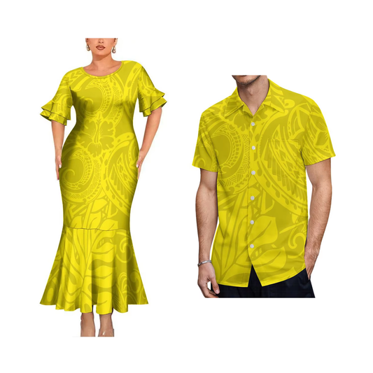 Polynesian Tribal Flowers Pattern Matching Outfit For Couple Yellow Bodycon Mermaid Dress and Shirt