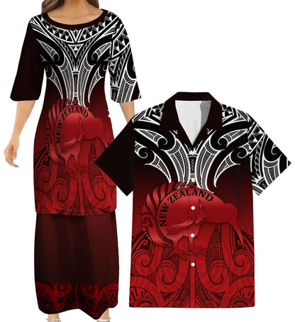 New Zealand Matching Outfit For Couple NZ Kiwi Bird Red Puletasi Dress And Hawaiian Shirt For Her Him