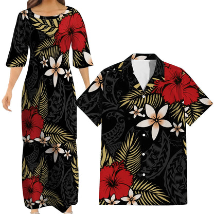 Polynesian Tribal Hibiscus Flowers Pattern Matching Outfit For Couple Island Puletasi Dress And Hawaiian Shirt For Her Him