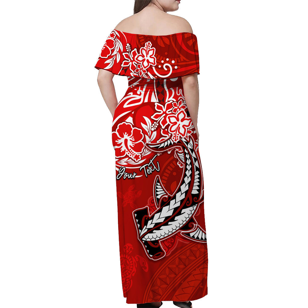 Custom Personalised Hawaii Off Shoulder Long Dress Polynesia Red Sea Turtle Honu and Hammerhead Shark