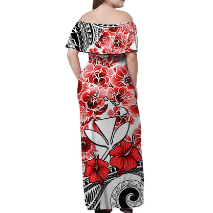 Hawaii Off Shoulder Long Dress Polynesian and Red Hibiscus