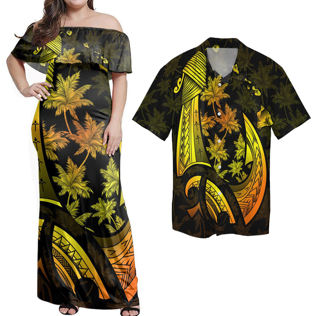 Matching Hawaiian Outfits Hawaii Combo Dress and Shirt Hawaiian Map Palm Trees Fish Hook Polynesian Colorful Yellow