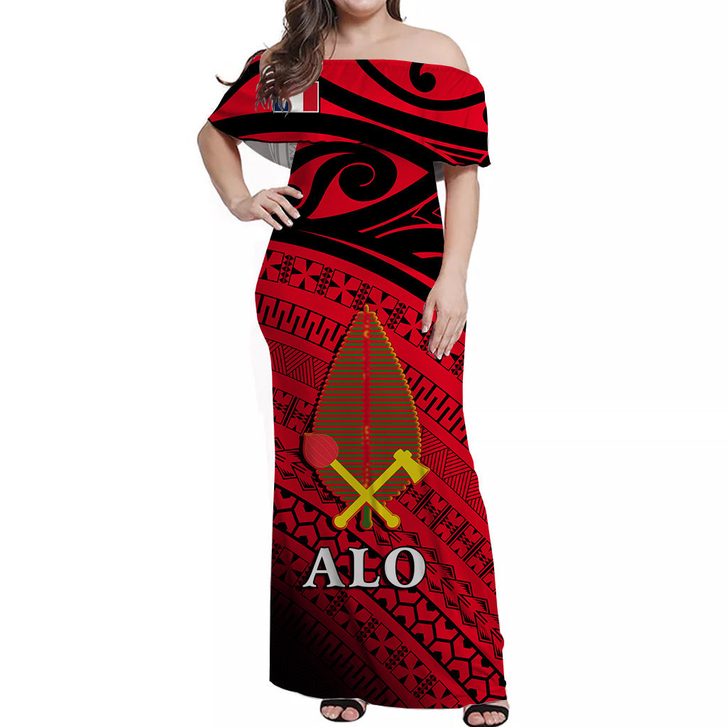 Alo Chiefdom Wallis et Futuna Off Shoulder Long Dress Polynesian Pattern and Flag