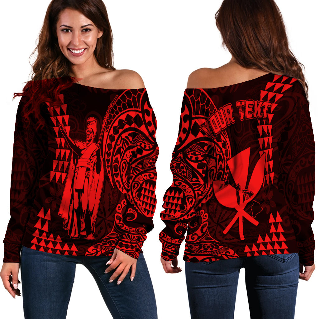 (Custom Personalised) Hawaii Day Kakau Off Shoulder Sweater Proud To Be Hawaiian Red King Kamehameha and Kanaka Maoli