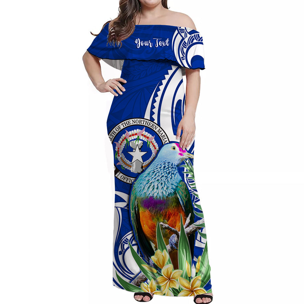 Custom Personalised Northern Mariana Islands Off Shoulder Long Dress Mariana Fruit Dove Mix Frangipani Flowers Blue