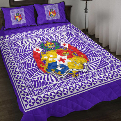 (Custom Personalised) Tonga Pattern Quilt Bed Set Coat of Arms Purple and White