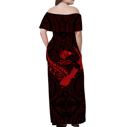 New Zealand Maori Off Shoulder Long Dress Heart of Silver Fern Map and Kiwi Red