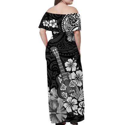 Hawaii Off Shoulder Long Dress Polynesia Black Ukulele Flowers