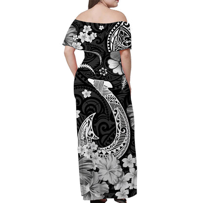 Hawaii Off Shoulder Long Dress Polynesia White Fish Hook