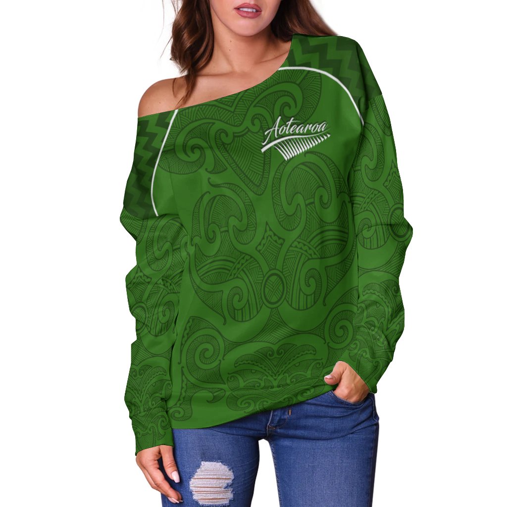 Maori 2021 Off Shoulder Sweater Green Aotearoa Tattoo