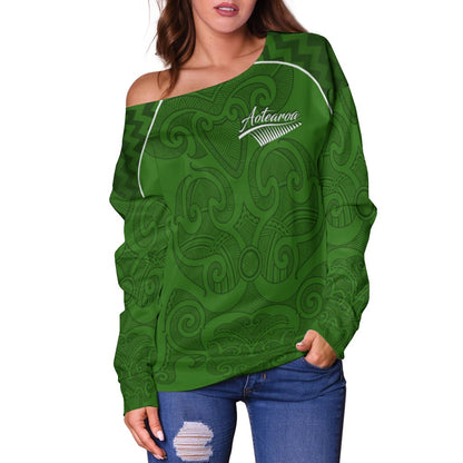 Maori 2021 Off Shoulder Sweater Green Aotearoa Tattoo