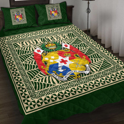 (Custom Personalised) Tonga Pattern Quilt Bed Set Coat of Arms Green and Beige